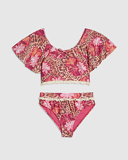 Girls Brown Floral Leopard Bikini Set