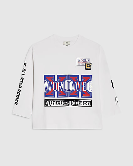 Boys White Boxy Long Sleeve Badge Graphic Top