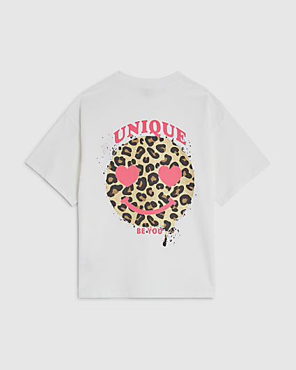 Girls White Leopard Smiley Face T-Shirt