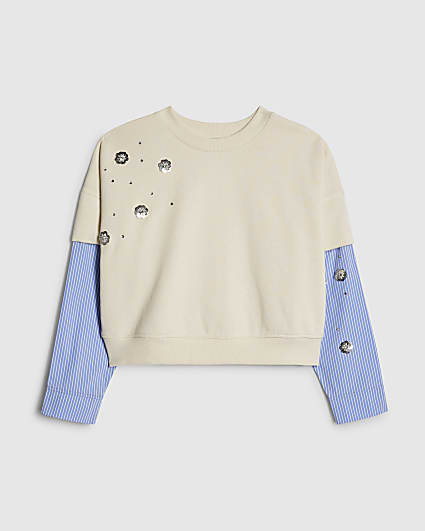 Girls Cream Hybrid Poplin Sequin Sweatshirt