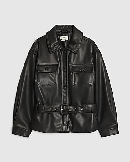 Girls Black Faux Leather Belted Jacket