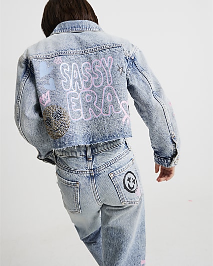 Girls Blue Sassy Era Embellished Denim Jacket