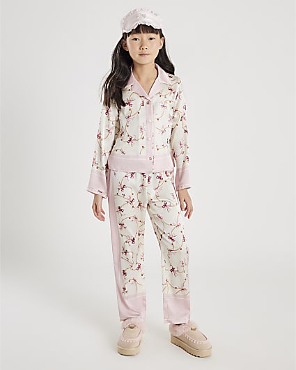 Girls Cream Bow Chain Satin Pyjamas Set