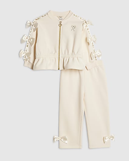 Mini Girls Cream Bow Cinched Sweatshirt Set