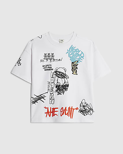 Boys White Graffiti Doodle Bear T-Shirt