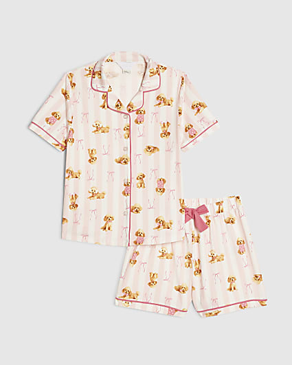 Girls Pink Puppy Button Through Short Pyjamas