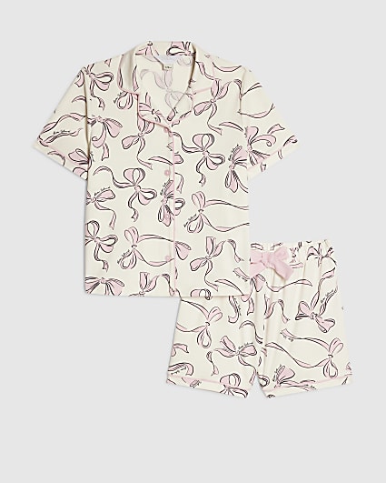 Girls Cream Bow Print Short Sleeve Pyjamas