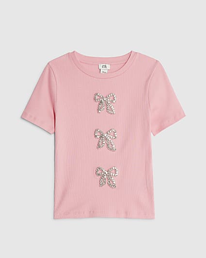 Girls Pink Ribbed Diamante Bow T-Shirt