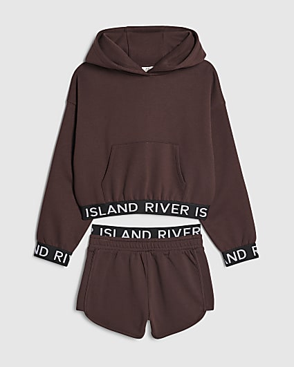 Girls Brown Hoodie And Shorts Set