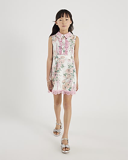 Girls White Collared Floral Lace Dress