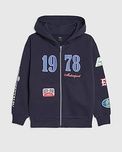 Boys Navy 1978 Badge Zip Through Hoodie