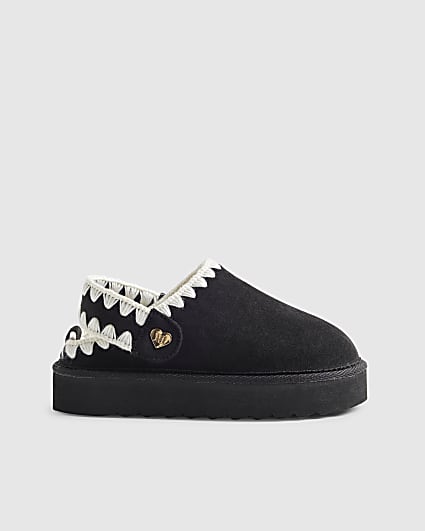 Girls Black Whipstitch Strap Slippers