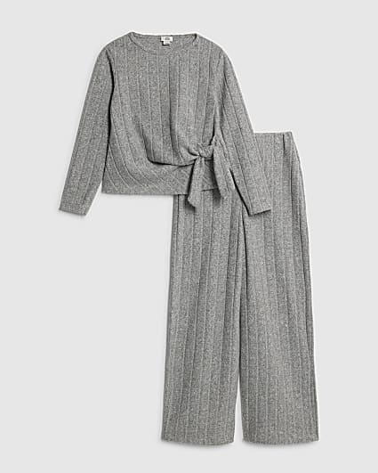 Girls Grey Cosy Ribbed Wide Leg Trousers Set
