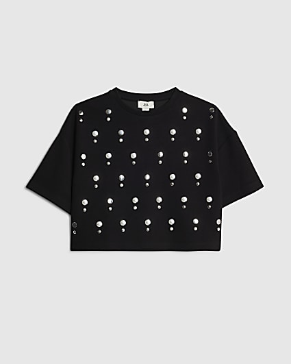 Girls Black Studded T-Shirt