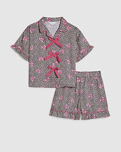 Girls Brown Leopard Bow Print Satin Pyjamas