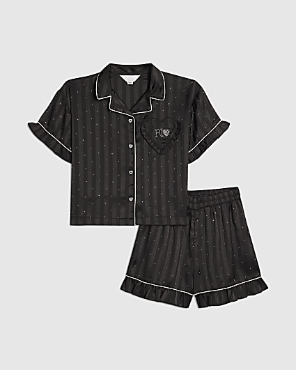 Girls Black Embellished Satin Pyjamas