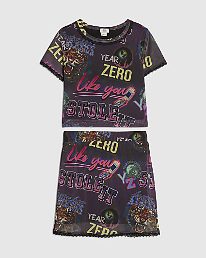 Girls Year Zero Pink Mesh Print Skirt Set