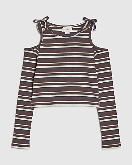 Girls Brown Stripe Cold Shoulder Top