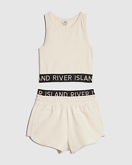 Girls Cream Tank Top And Shorts Set