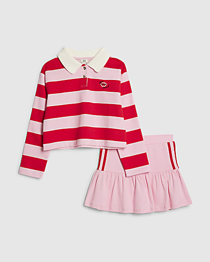 Girls Pink Stripe Polo Shirt And Skort Set