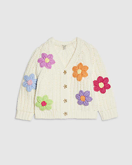 Mini Girls Cream Knitted Flower Cardigan