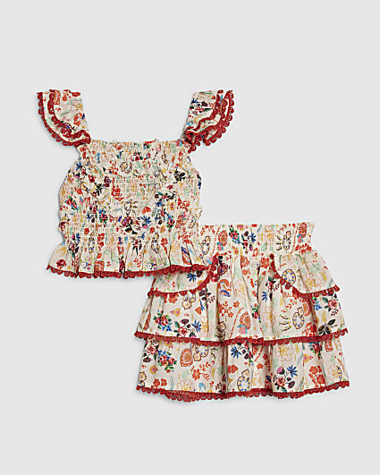 Girls Cream Floral Print Skirt Set