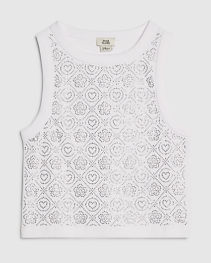 Girls White RI Diamante Tank Top