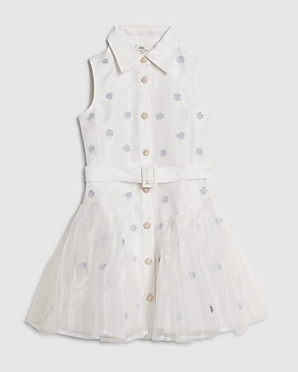 Girls White Floral Organza Prom Dress