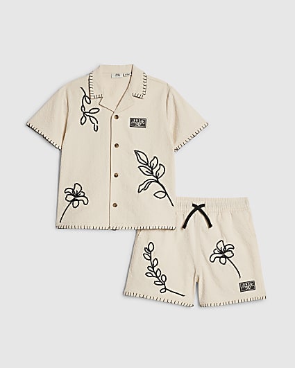 Mini Boys Beige Embroidered Swim Shorts Set
