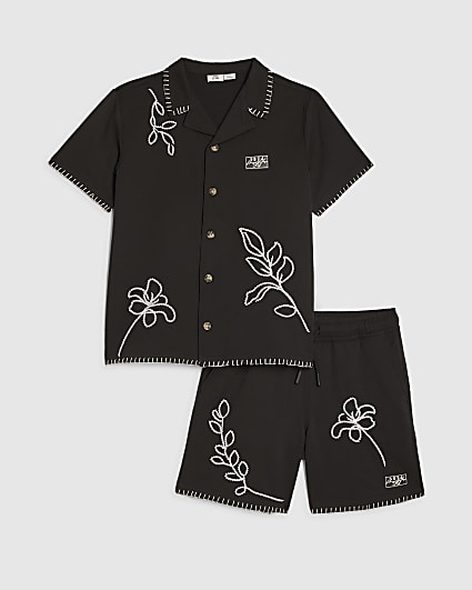 Boys Black Embroidered Swim Set