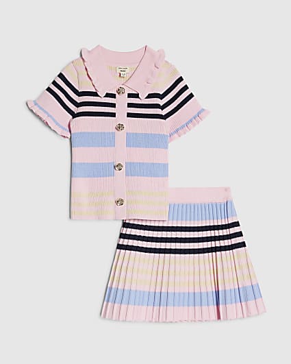 Mini Girls Pink Stripe Polo Shirt Set