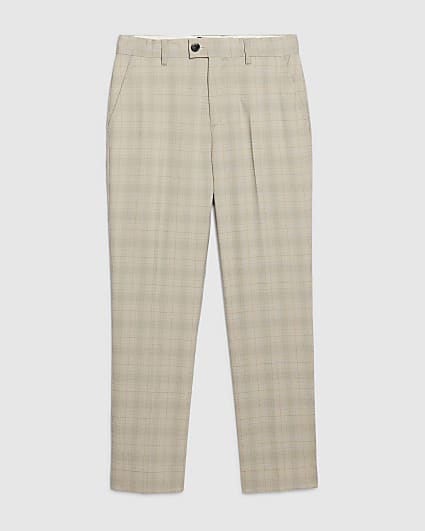 Boys Beige Tailored Check Suit Trousers
