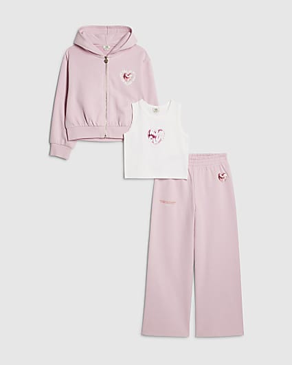 Girls Pink Heart Graphic Hoodie Set