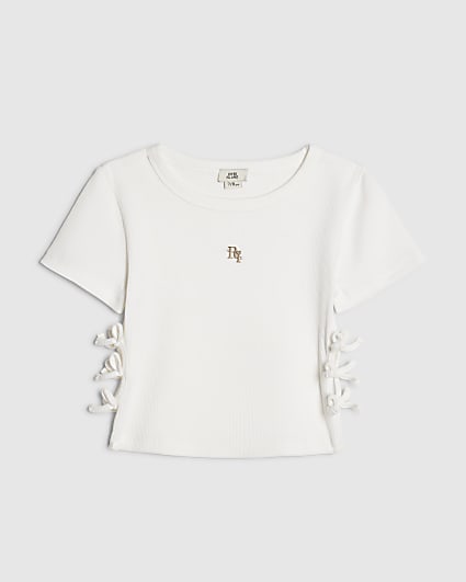Girls White 3D Bow Ribbed Top