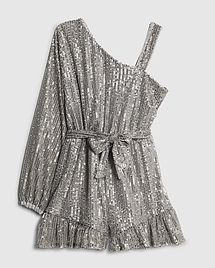 Girls Silver Sequin One Shoulder Playsuit