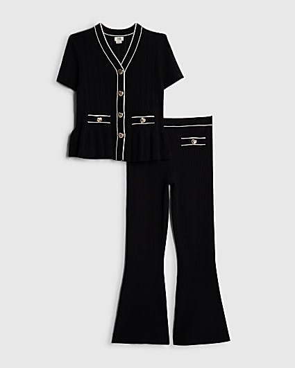 Girls Black Peplum Hem Short Sleeve Top Set