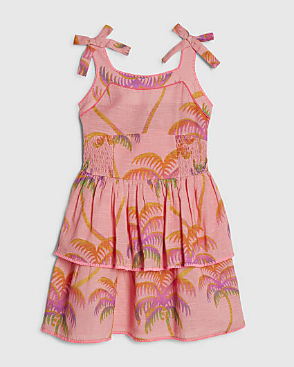 Girls Orange Palm Print Bow Dress