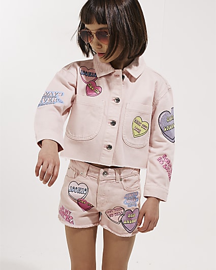 Girls Pink Love Heart Denim Jacket
