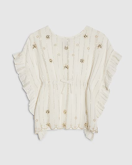 Mini Girls Cream Embroidered Sequin Kaftan