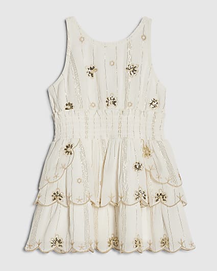 Mini Girls Cream Scalloped Beach Dress