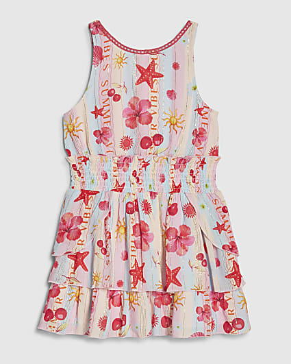 Girls Blue Printed Scalloped Dress