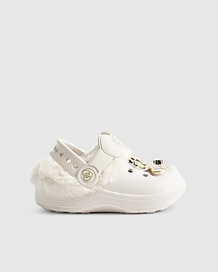 Mini Girls Cream Faux Fur Charm Clogs