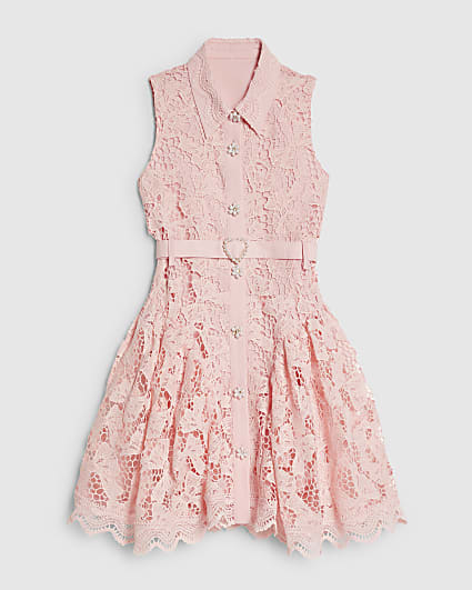 Girls Pink Bow Lace Belted Dress