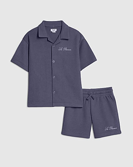 Mini Boys Blue Textured Shirt Set