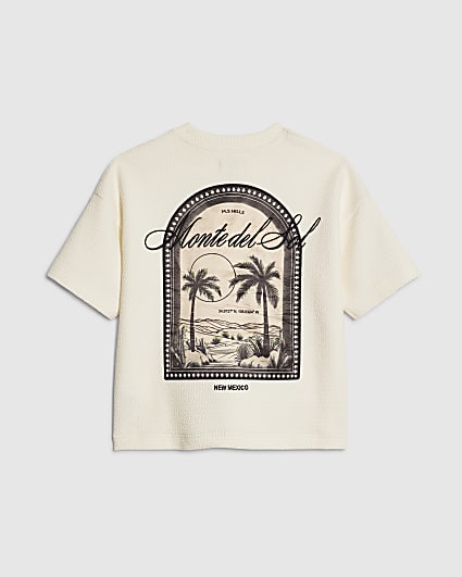 Mini Boys Cream Textured Palm Tree T-Shirt