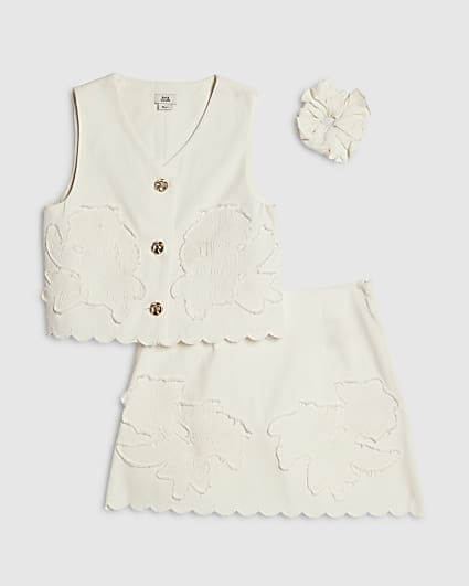 Girls White Denim Waistcoat And Shorts Set
