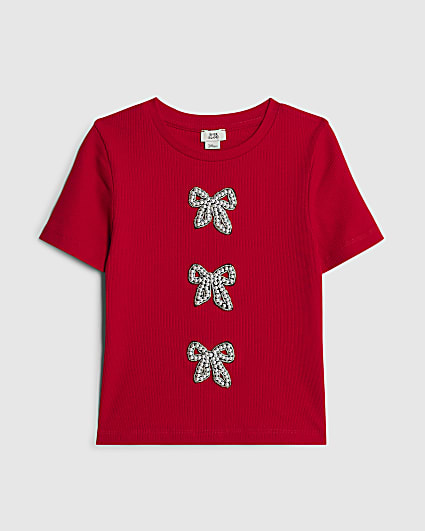 Girls Red Ribbed Pearl Bow T-Shirt
