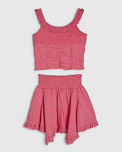 Girls Pink Gingham Stripe Skirt Set