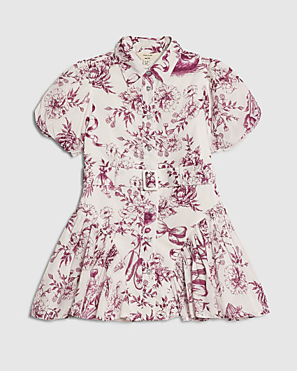 Mini Girls White Toile Print Prom Dress