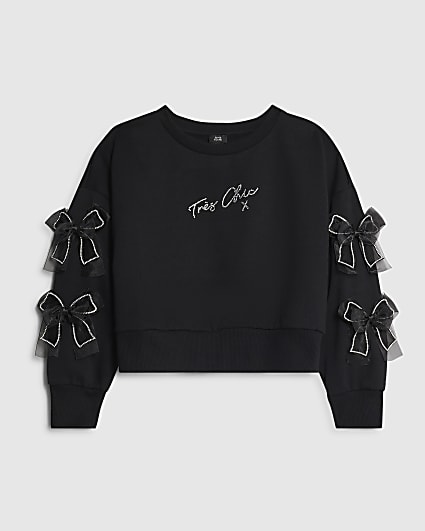Girls Black Diamante Bow Sweatshirt